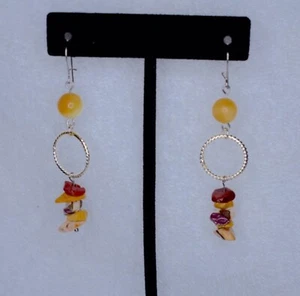 Genuine Tiger Eye Chip Beads, Natural Shell Round Bead Drop Earrings - Picture 1 of 3