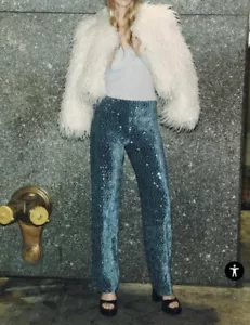 ZARA Womens M Velvet Sequins Pants Blue Straight Leg Festival Days New 9720/645 - Picture 1 of 9