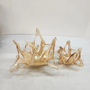 Pair Murano Italy Lavorazione Yellow Iridescent Reticulated Hand Made Art Glass - Picture 1 of 15
