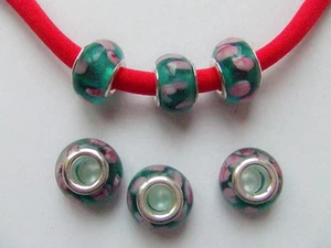 4pz  perline in lampwork fiore 14x9mm colore verde,rosa ,argento - Foto 1 di 1