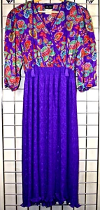 Maxi Dress VTG Diane Freis 70s 80s Plum Purple Butterfly Garden Plisse Sz S/M - Picture 1 of 12