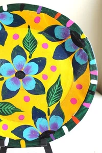 10 in Wooden Plate Hand Painted Floral Whimsical Mexico Inspired Happy Decor - Picture 1 of 4