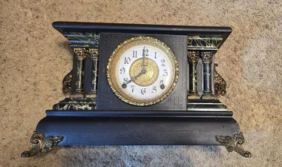 Antiguo Reloj E. Ingraham Adrian Manto Negro Imitación Mármol Doble Pilares Foto 1 de 4
