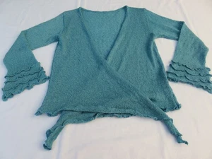 INDONESIA TEAL GREEN LOOSE KNIT HOLIDAY TIE FRONT SHRUG WRAP CARDIGAN UK 10 - 12 - Bild 1 von 11