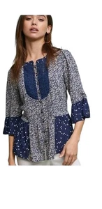 Maeve Anthropologie Hiver blau Spitze vorne 3/4 Boho Schlagärmel Bauernbluse 2 - Bild 1 von 9