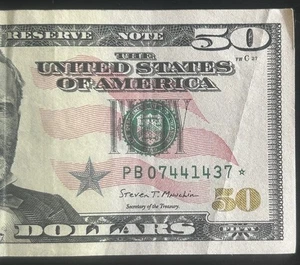 $50 Star Note Serial Number PB07441437* Series 2017A With 1.28 Million Print Run - Picture 1 of 4