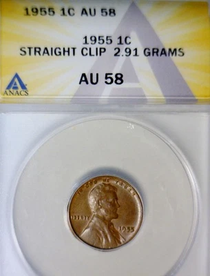 1955 ERROR ANACS AU58 Clipped Lincoln Wheat Cent CH AU Coin RARE DATE Clip NR - Image 1 of 4