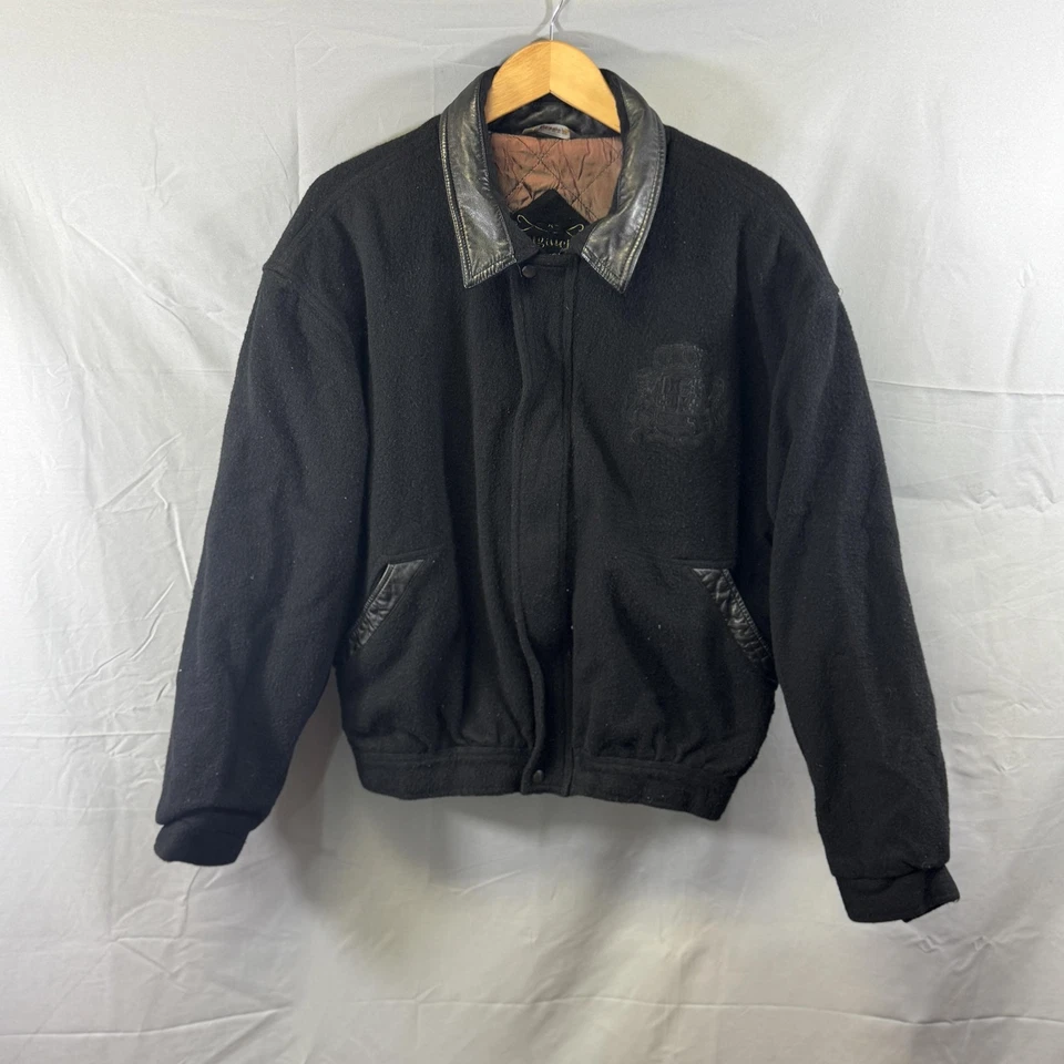 Chaqueta Bugatchi Uomo De Colección Para Hombre Mediana Negra Lana Cuero Borde Universitario Años 90 Foto 1 de 4