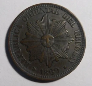 1869 Uruguay 4 centesimi vera bella moneta d'epoca in rame - Foto 1 di 2