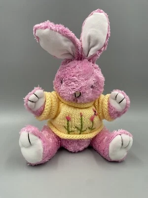 Dan Dee Pink Bunny Rabbit Plush In Yellow Sweater Spring Stuffed Animal 7" - Image 1 of 4