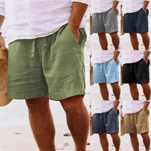Mens Cotton Linen Shorts Summer Beach Hawaiian Drawstring Waist Short Pants UK - Picture 1 of 20