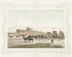 W. HEUER (1813-1890), Pferderennen auf Hamburger Rennbahn, um 1850, Lithographie - Bild 1 von 5
