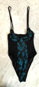 Vintage Alana Gale Teddy MEDIUM Teal Nylon Bodysuit High Rise Lingerie Lace - Picture 1 of 5