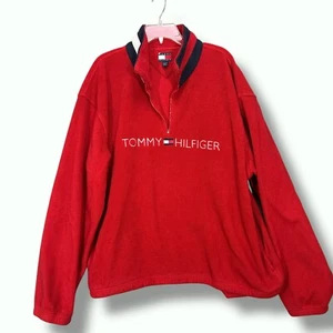 Tommy Hilfiger Mens XXL VTG 1/4 Zip Fleece Y2K Pullover Spell Out Logo Red Flag - Picture 1 of 15