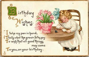 Vtg Birthday Wishes Children Girl Pink Tullips Clara Miller Burd Tuck Postcard - Picture 1 of 2
