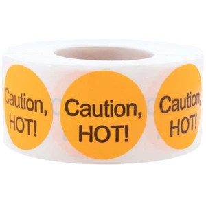 Precaución, ¡caliente! Etiquetas de entrega, 1 pulgada redonda, 500 etiquetas en un rollo - Imagen 1 de 5