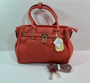 Coral and Gold Double Handle Zippered Handbag with Shoulder Strap and Faux Lock - Picture 1 of 16