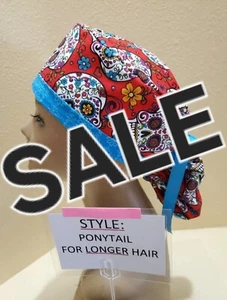 Sugar Skulls (red) SALE Women's Ponytail Surgical Scrub Hat/Cap Handmade - Picture 1 of 9