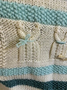 Lap Blanket Cat Crochet Cream Teal 47 in x 43 in Approx Stripes - Picture 1 of 4