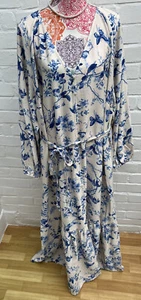 New H&M Maxi Dress Modest Wear XXL Cream Blue Floral Butterfly Button Kaftan - Picture 1 of 11