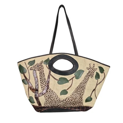 Carlos Falchi Tote Bag Womens Straw Leather Giraffe Applique Shoulder Handbag - Image 1 of 4