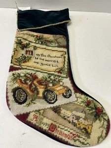 Vintage BM Jabara Nadelspitze Wolle Samt Weihnachtsstrumpf Vintage Auto mit Baum - Bild 1 von 7