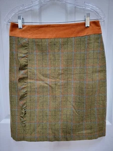 J. Mclaughlin Skirt Women Olive Green Plaid Ruffle Orange Wool Size 2 - Picture 1 of 3