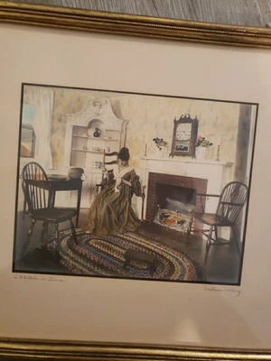 Vintage Wallace Nutting Signed Hand Tinted Colored Painting A Stich In Time - Image 1 of 4