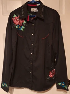 Panhandle Slim Retro Western LS Shirt Womens 1X Black Red Embroidered Pearl Snap - Picture 1 of 6