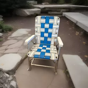 Vintage SUNBEAM Rocking Aluminum Webbed Folding Lawn Chair White/Blue - Picture 1 of 5