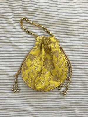 Pakistani Indian Potli Bag Drawstring Embroidered Gold Handbag Yellow Mehndi - Image 1 of 3