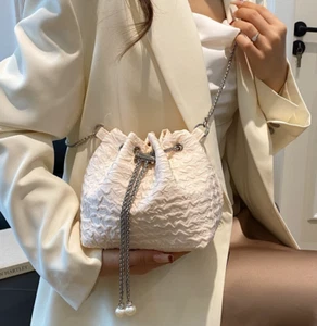 Small Bucket Bag Textured Fabric Drawstring Chain Crossbody Bag - Picture 1 of 12