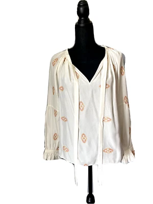 Blusa Marie Oliver Bordada Seda Boho Chic Campesina Top Mediana Corbata Frontal Nueva Sin Etiquetas Foto 1 de 4