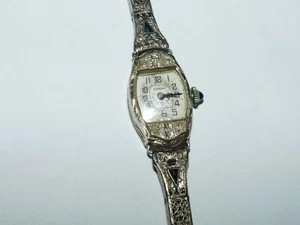 ANTIQUE ART DECO EMBSA SWISS 18 K WHITE GOLD DIAMONDS LADIES WRIST WATCH - Picture 1 of 13