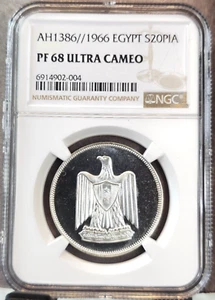 1966 EGYPT SILVER 20 PIASTRES EAGLE WITH SHIELD NGC PF 68 ULTRA CAMEO RARE PROOF - Picture 1 of 3