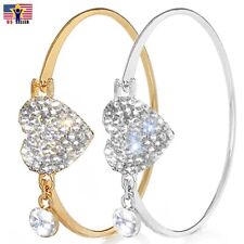 Luxury Women Love Heart Crystal Rhinestone Embed Charm Bangle Bracelet Valentine