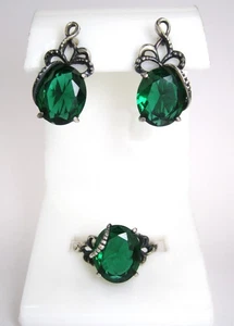 Vintage Set Ohrringe Ring Silber 925 Gr.9 grüne Steine gestempelt Ukraine UdSSR - Bild 1 von 24