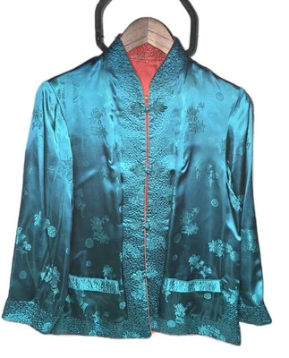 Silk Embroidered Asian Jacket, Reversible Red & Blue, Frog Closures, Sz S - Image 1 of 4