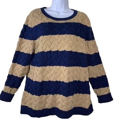 Suéter Lands’ End para mujer L tejido con cable azul marrón rayas cuello redondo pescador Foto 1 de 4