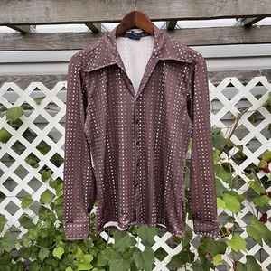 Vintage 70s 80s Plumage Shirt Polo Brown Disco Boogie Nights MCM Sz S Polka Dots - Picture 1 of 2