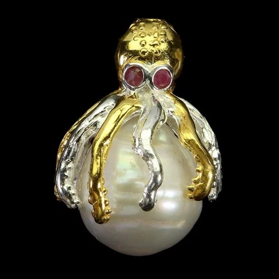 925 Sterling Silver Pendant Round Ruby Natural Pearl Gem Octopus Jewelry - Image 1 of 4