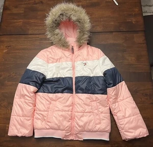 Tommy Hilfiger Faux Fur Hooded Pink Blue And White Puffer Jacket Misses Size XL - Picture 1 of 7