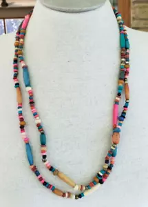 Collana Perline Osso di Mucca Tinto Etnico Forme Miste 54" Senza Fibbie - Foto 1 di 7