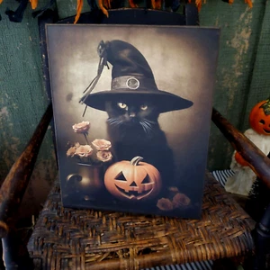 INSEGNA HALLOWEEN GATTO STREGA NERO ZUCCA ARTE POPOLARE SHABBY PRIMITIVO STILE VINTAGE - Foto 1 di 9