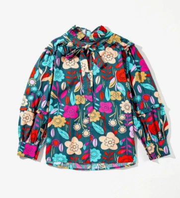 Mujer Azul Floral Secretaria Manga Abullonada Blusa MEDIANA NUEVA Top Camisa Pajarita Foto 1 de 4