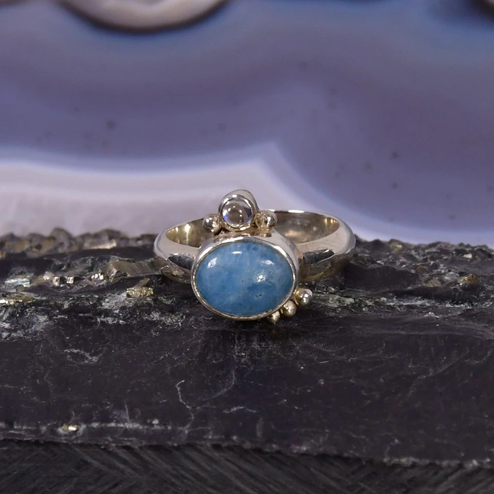 Aquamarin Ring, 925er Silber, Edelsteinring (23790), mit Mondstein - Bild 1 von 1