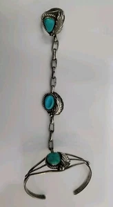 Vtg Sterling Silver Turquoise Stone Slave Bracelet Ring Sz 5  - Picture 1 of 14
