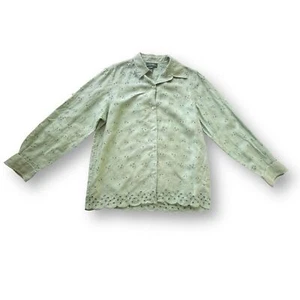 Lauren Ralph Lauren Mint Green Eyelet Linen Roll Tab Sleeve Blouse Women Large - Picture 1 of 8