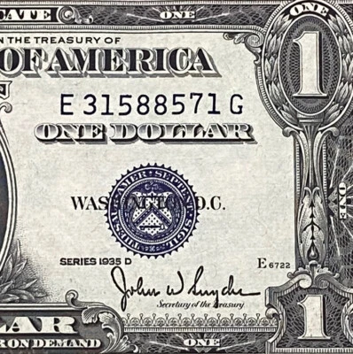 $1 1935-D ( E-G Block )  BLUE SEAL SILVER CERTIFICATE , UNCIRCULATED - Image 1 of 3