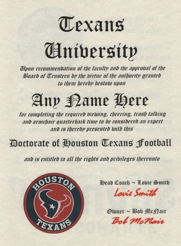 HOUSTON TEXANS NFL FAN ~CERTIFICATE  ~ NEW  FAN MAN CAVE Cover
